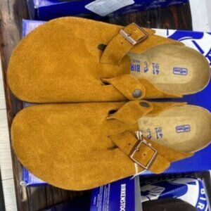 Birkenstock Boston Taupe Mules Suede Comfort Narrow